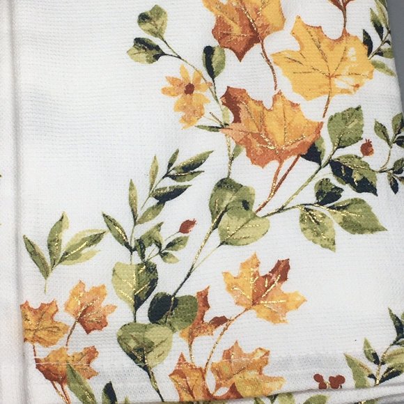 2 Shabby Chic Fall Leaves Terry Kitchen Towel Green Orange Yellow Rust Gold Foil - Picture 2 of 8